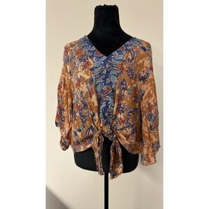 Nostalgia Boho Floral Tie Front Blouse Rust Blue Paisley Print Women's Size L